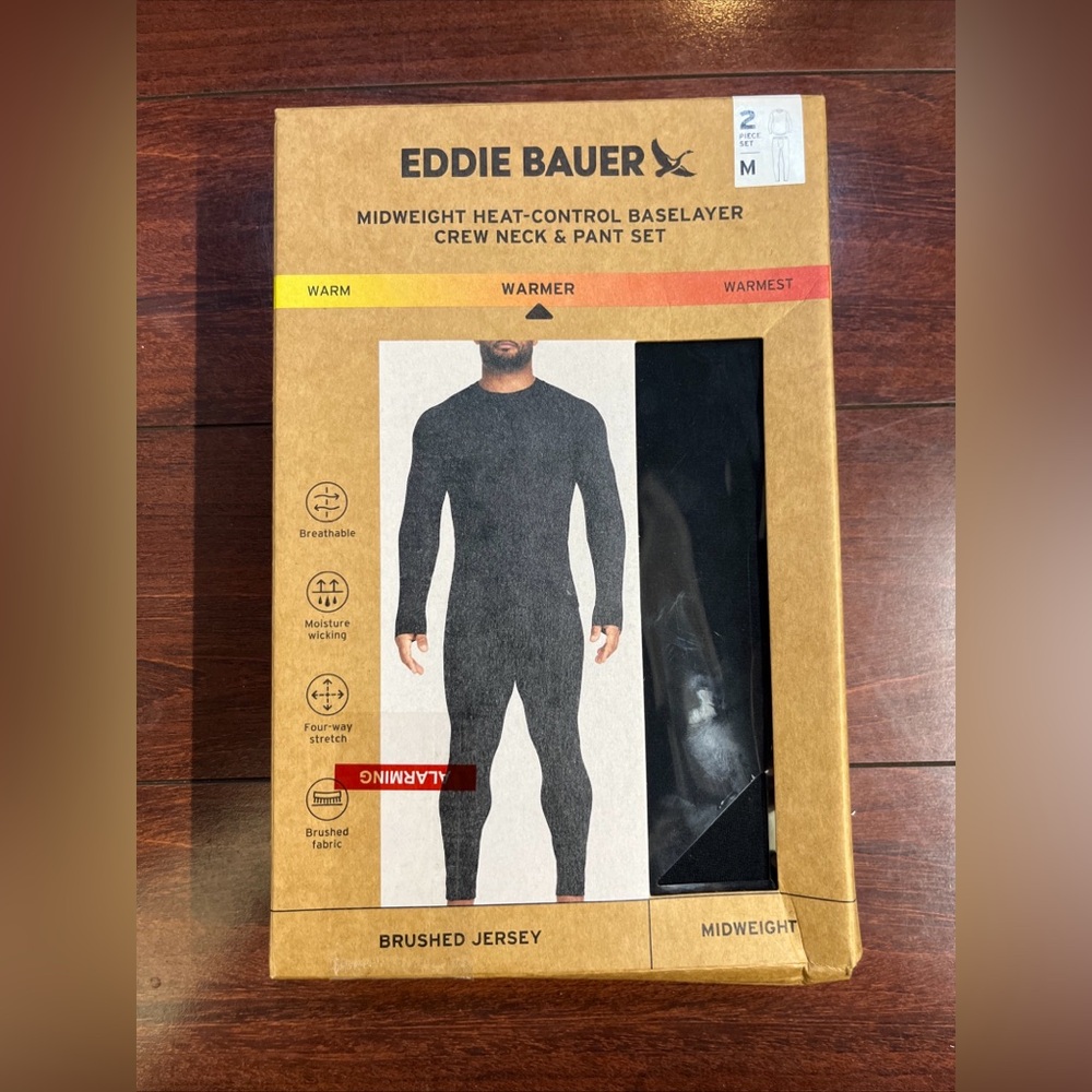 2-Piece Set Eddie Bauer Midweight Base Layer Crew And Pant Mens Medium Black New